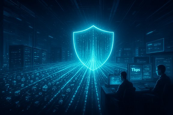 Neon blue shield glows over a futuristic data center, symbolizing cybersecurity protection.