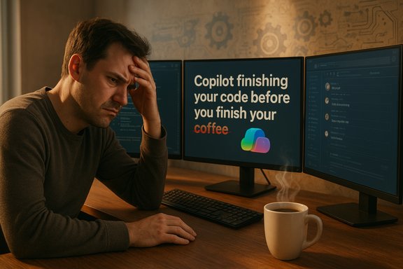 An anxious developer sits before three monitors, a steaming coffee mug beside him.