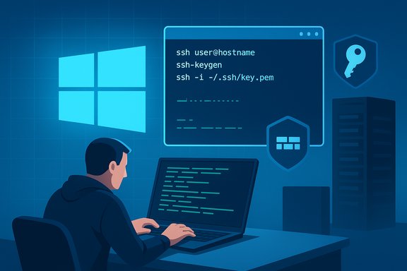 A coder at a laptop types SSH commands in a blue, security-themed data center.