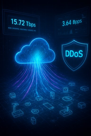 Neon blue cloud streams data to devices with a DDoS shield.