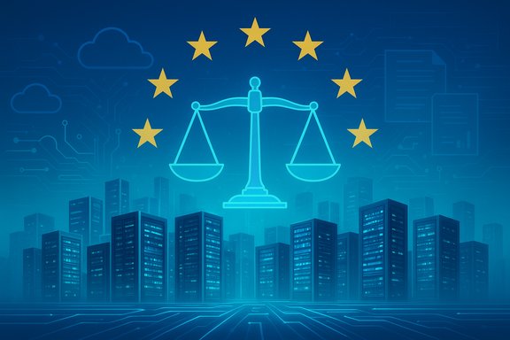 Neon scales of justice hover over a digital cityscape framed by EU stars.