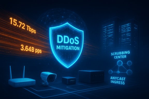 Blue neon shield labeled DDoS MITIGATION, with network gear and a scrubbing center in a cyber defense scene.