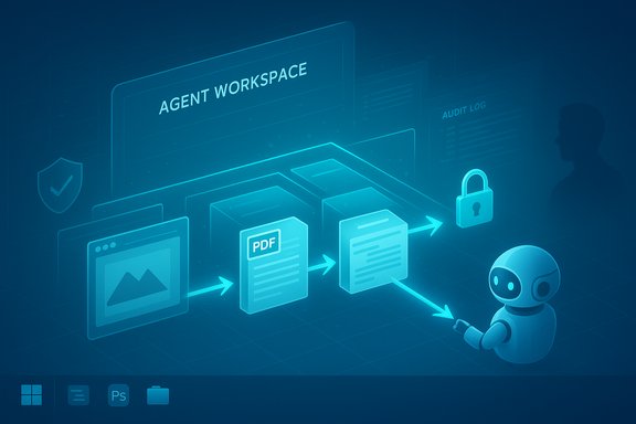 Blue infographic of an agent workspace: PDF documents flow toward a lock with a friendly robot.