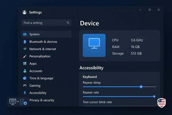 Dark, Windows-style Settings panel showing device specs and accessibility controls.