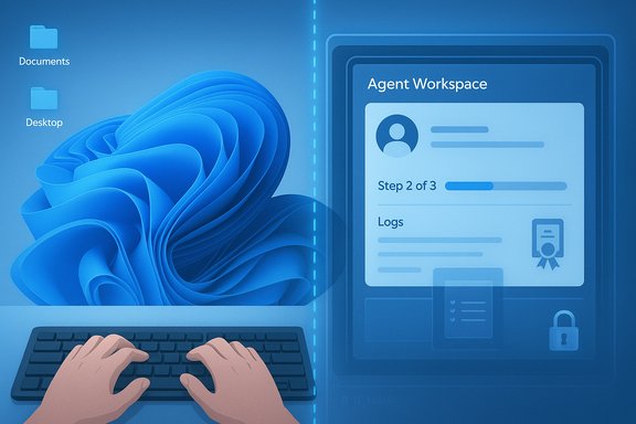 Hands type at a keyboard as a blue split-screen shows Desktop on the left and Agent Workspace on the right.