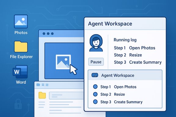 Blue tech illustration of an Agent Workspace UI with steps to Open Photos, Resize, and Create Summary.