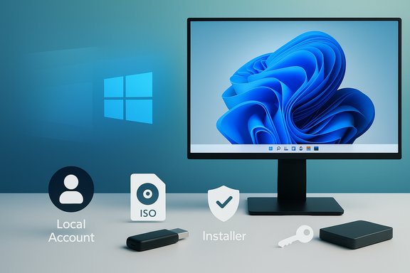 Desk setup with Windows wallpaper and icons for Local Account, ISO, Installer, and a security key.
