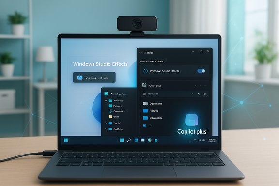 Laptop screen shows Windows Studio Effects and Copilot Plus UI with a camera on top.