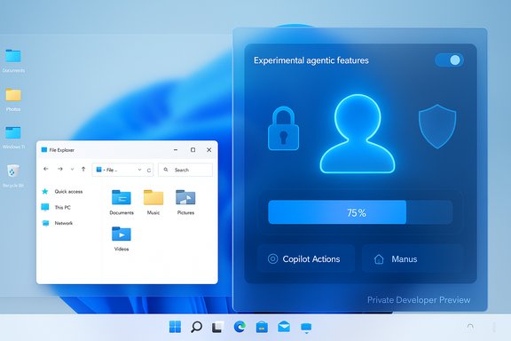 Windows desktop with a futuristic blue UI panel labeled 'Experimental agentic features' beside a File Explorer window.