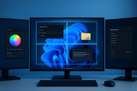 A three-monitor desk setup with blue Windows wallpaper and floating dark widgets.