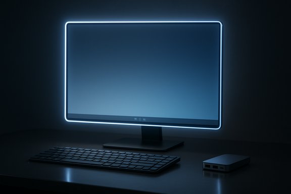 A dark desk setup with a blue-edge-lit monitor, keyboard, and a small USB hub.