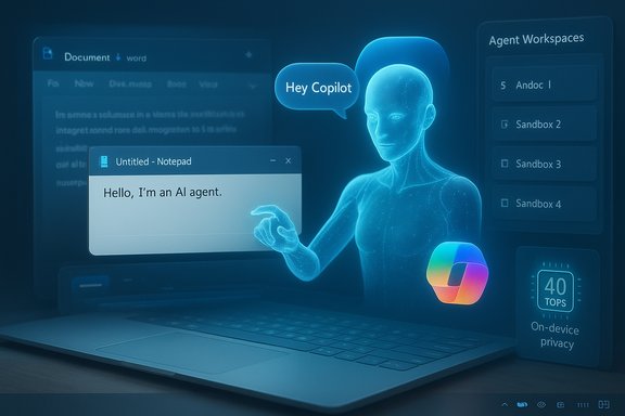 A blue holographic AI agent greets from a laptop, with a Notepad note saying Hello, I'm an AI agent.
