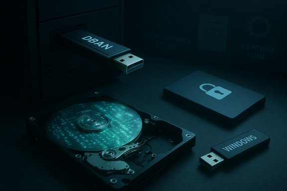 DBAN USB drive, a spinning hard disk, and a Windows USB on a dark desk, signaling data destruction.