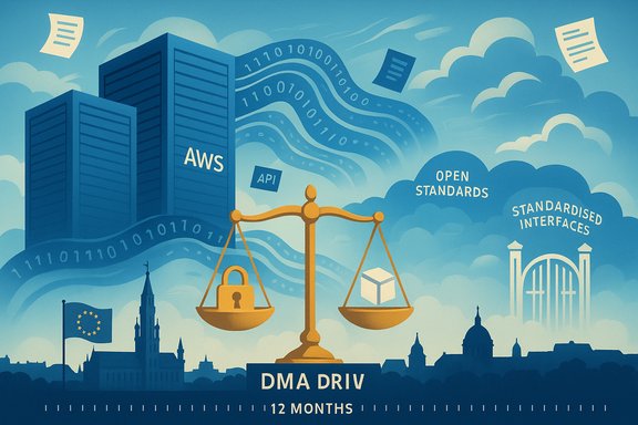 Blue-toned illustration of AWS data center, open standards and DMA drive over 12 months.