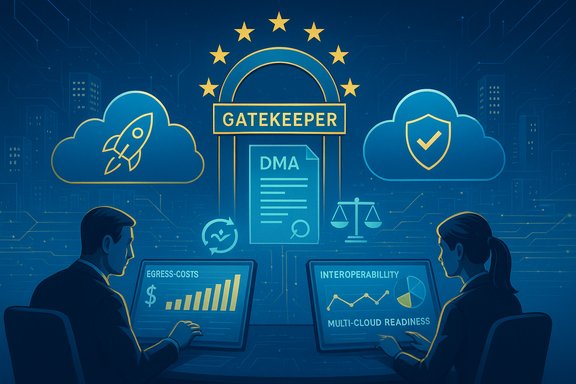 Two analysts monitor a DMA data gateway amid cloud and security icons.
