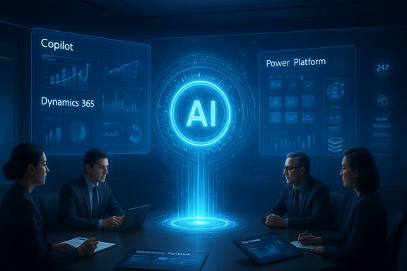 Executives in a futuristic meeting around a glowing AI hub with digital dashboards.