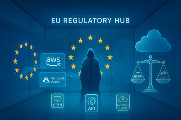 EU Regulatory Hub: a hooded figure amid EU stars, clouds, and AWS/Azure logos.