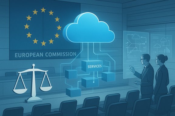 European Commission cloud services concept showing data flows and analysts.