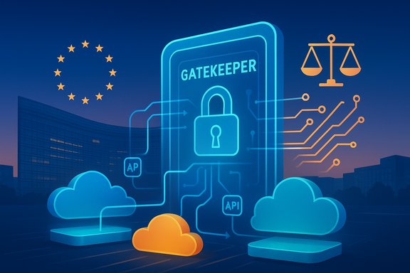 Neon gatekeeper security lock guarding cloud APIs with circuits, EU stars and scales in the background.