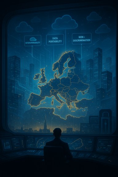 A silhouette at a futuristic console watches a glowing map of Europe projected in a night cityscape.