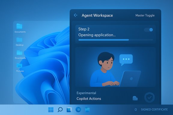 Blue digital desktop with an Agent Workspace panel showing Step 2: Opening application.