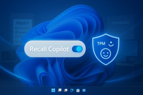 Blue futuristic UI showing a 'Recall Copilot' toggle with a TPM shield icon. Blue futuristic UI showing a 'Recall Copilot' toggle with a TPM shield icon.