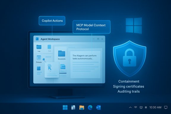 Infographic showing Copilot Actions, MCP Model Context Protocol, and a security shield on a Windows desktop.