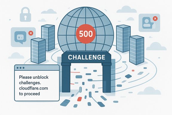 A globe with a 500 error stands before a 'CHALLENGE' gate, blocking access to the site.