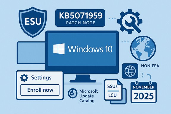 Windows 10 desktop with patch notes, settings, update catalog, globe, and calendar icons.