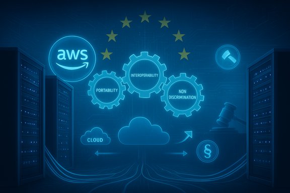 Blue neon data center scene featuring AWS cloud, interop gears, and EU star motif.