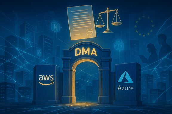 Blue cityscape scene showing a DMA arch between AWS and Azure blocks, symbolizing cloud market regulation.