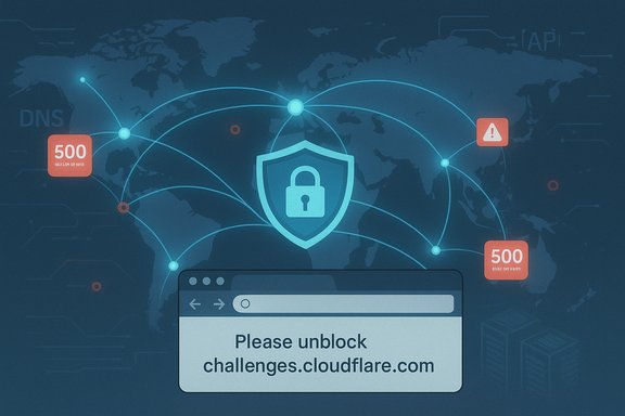 Global network security scene featuring a shield, connected nodes, and a Cloudflare unblock message.