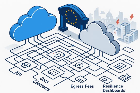 Cloud network under EU governance, illustrating data contracts, egress fees, and resilience dashboards.