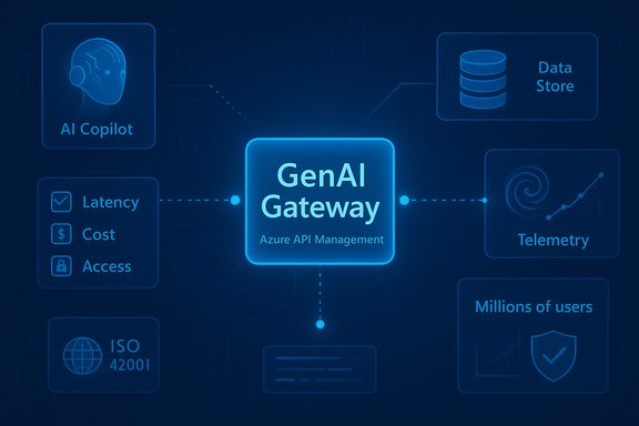 GenAI Gateway for Azure API Management links AI Copilot, data store, telemetry, and user metrics.