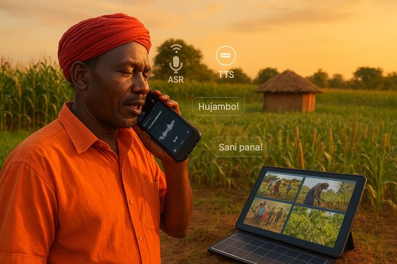 A farmer in orange talks on his phone in a cornfield at sunset, with a tablet showing photos.