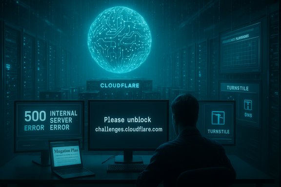 A technician monitors screens in a server room as a glowing circuitry globe labeled Cloudflare hovers above.