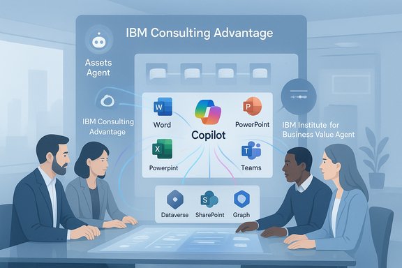 Team of professionals discusses IBM Copilot suite (Word, PowerPoint, Excel, Teams) in a meeting.