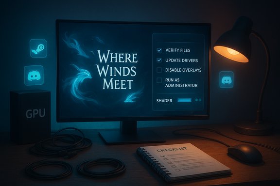 Blue-lit desk with a monitor showing Where Winds Meet and a glowing checklist.