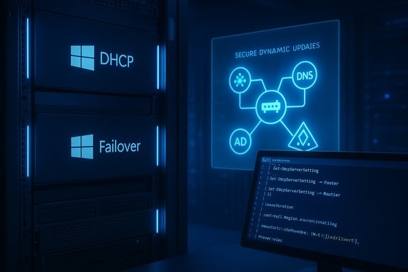 Blue-lit data center with Windows DHCP and Failover servers and a neon network diagram.