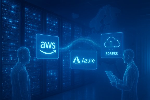 Holographic AWS and Azure cloud icons with egress arrows in a data center.