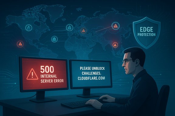 Tech worker at a desk with two monitors showing a 500 error and a Cloudflare challenge.