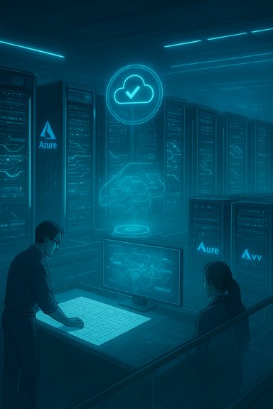 Two staff monitor Azure cloud infrastructure in a neon-lit data center.