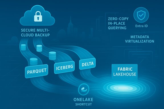 Blue infographic showing secure multi-cloud backup routes to Fabric Lakehouse via Parquet, Iceberg, and Delta.