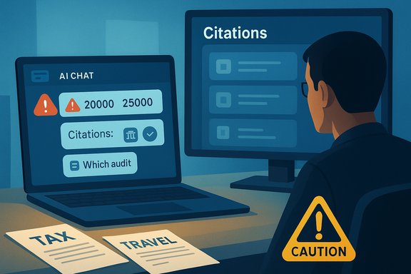 Person monitors AI chat and citations on screens, with tax and travel papers nearby and a caution sign.