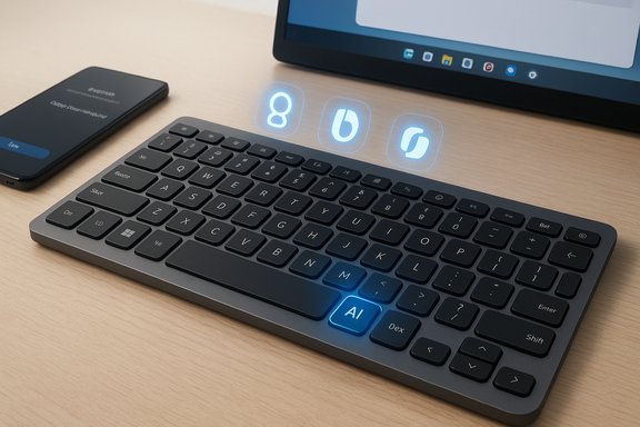 A sleek wireless keyboard on a wooden desk with a glowing AI key and holographic blue icons overhead.