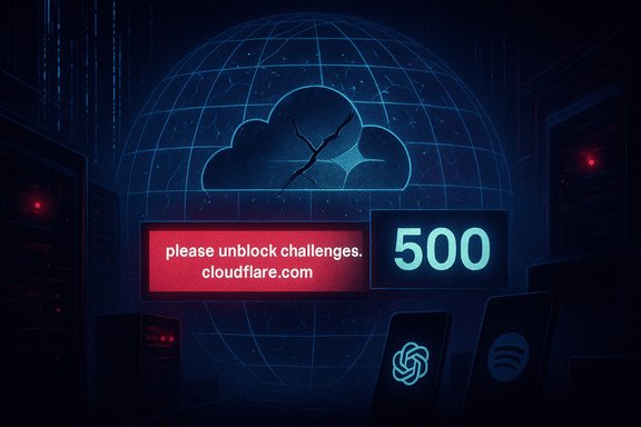 Cloudflare-themed data center with a cracked cloud emblem and a large 500 error banner.