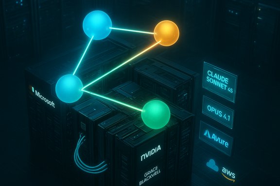 Neon-lit server cluster linking AI models Claude Sonnet, Opus, and Avure.