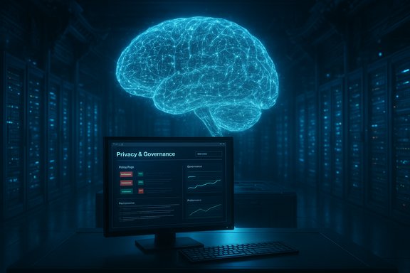 Glowing blue holographic brain hovers over a desk with a 'Privacy & Governance' monitor in a data center.