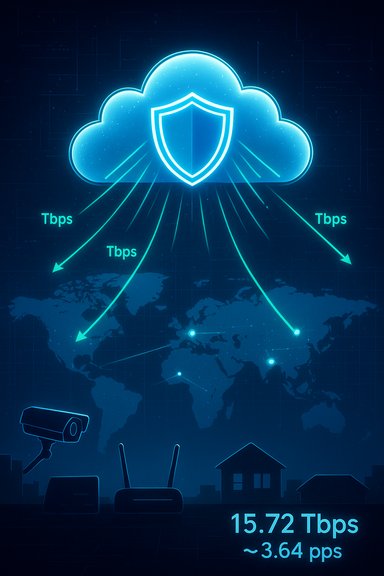 A glowing cloud with a shield icon radiates Tbps data lines to global locations, illustrating secure cloud networking.