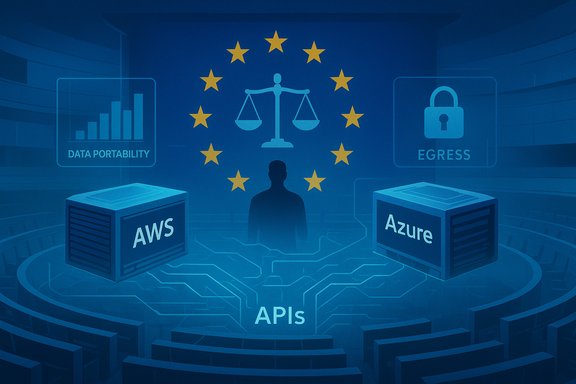 EU data privacy scene with APIs, AWS and Azure, plus data portability and egress symbols.